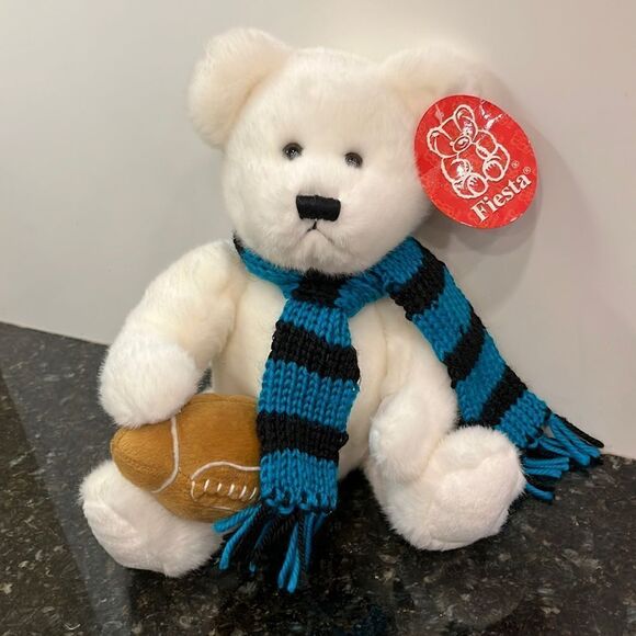 Fiesta sitting white bear w/green/white scarf & football 9" - Picture 1 of 11